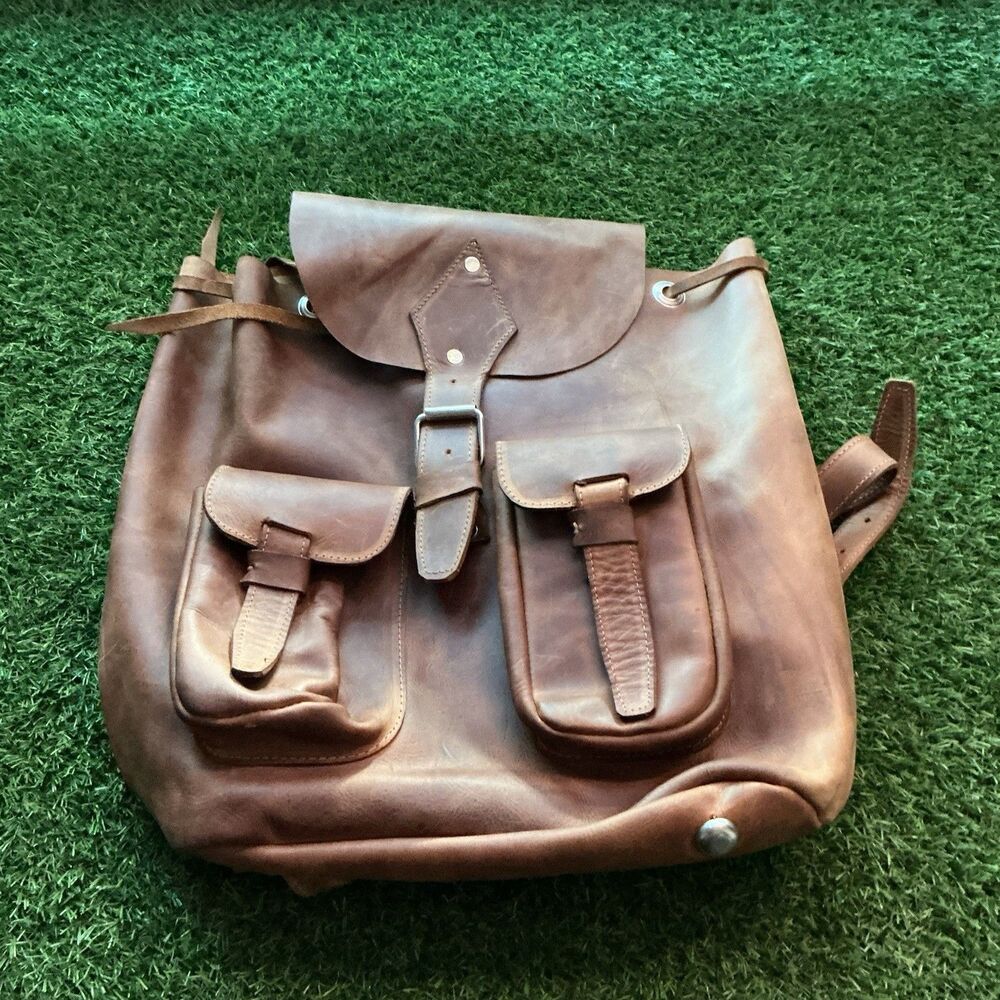 Brown Distressed Leather Backpack Rucksack 2 Front Pockets Rustic Vintage Style